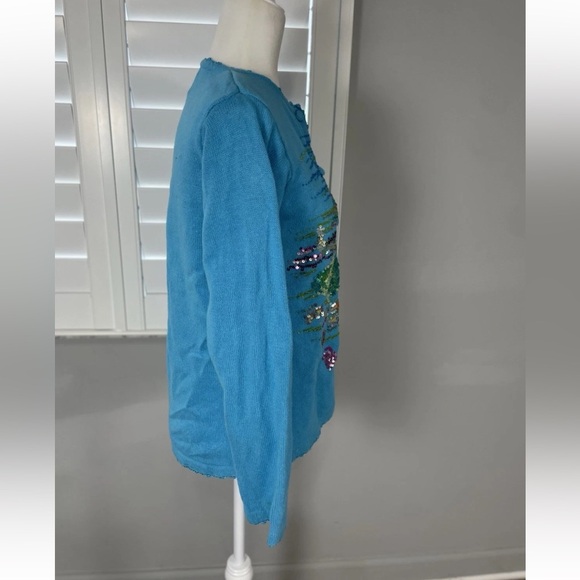Quacker Factory Embellished Cardigan Sweater XS Sequin Beads Beach Umbrella BLUE - Picture 4 of 16